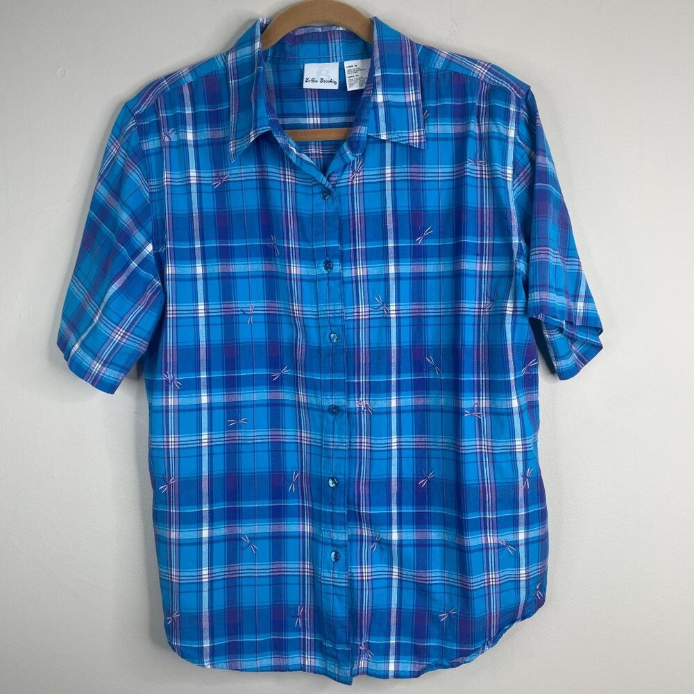 Vintage Camp Shirt Top Women XLarge Plaid Button Up Embroidered Dragonfly Nature